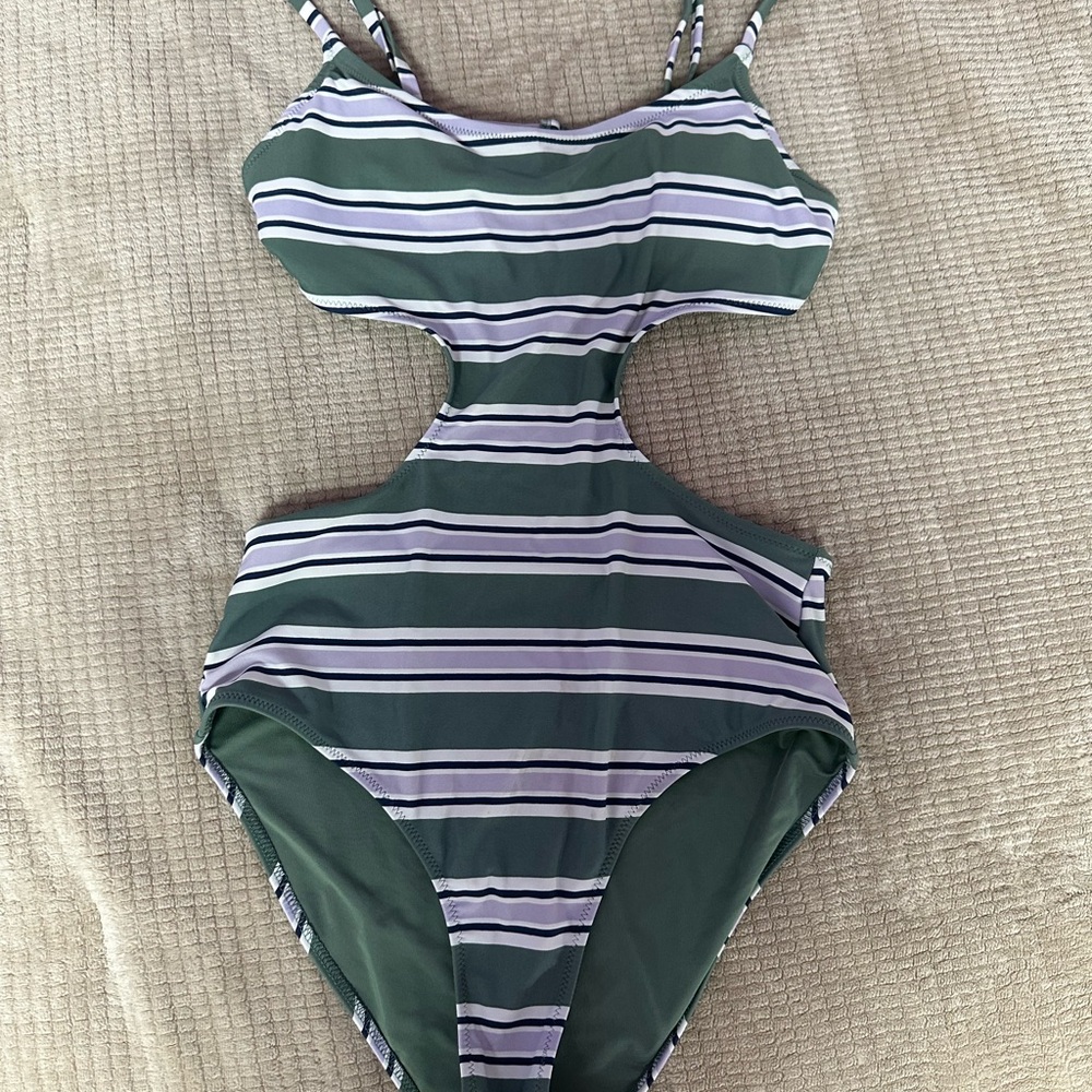 Aerie Green Striped One Piece Swimsuit